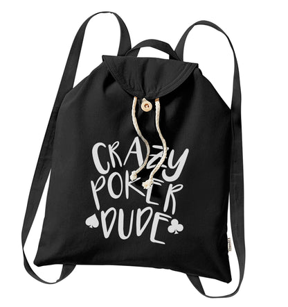Crazy poker dude organic cotton backpack tote with wooden buttons in black