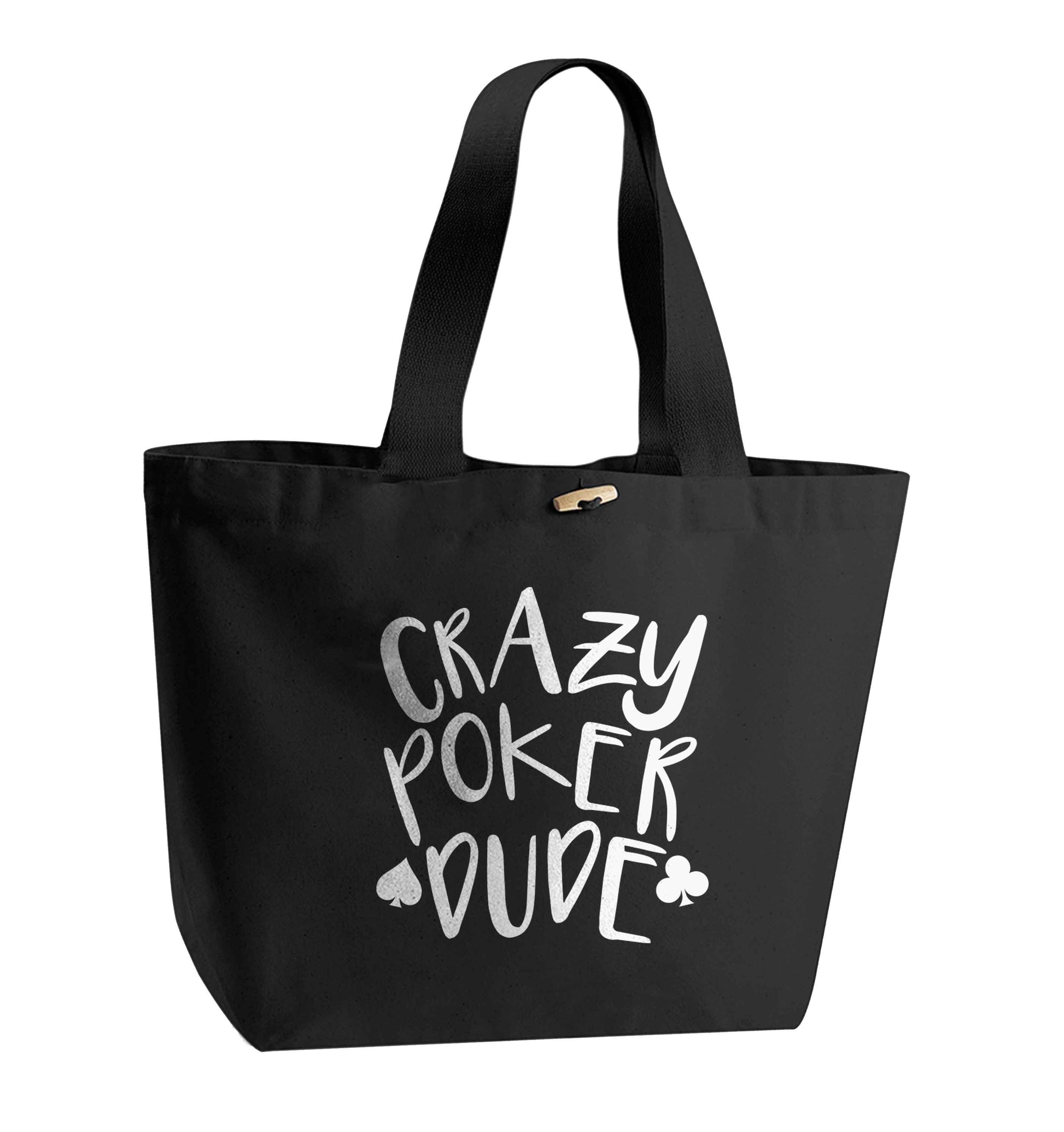 Crazy poker dude organic cotton premium tote bag with wooden toggle in black