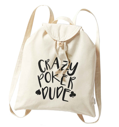 Crazy poker dude organic cotton backpack tote with wooden buttons in natural