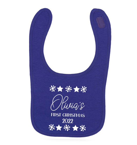 Personalised First Christmas purple baby bib