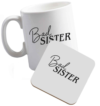 10 oz Bad sister ceramic mug and coaster set right handed