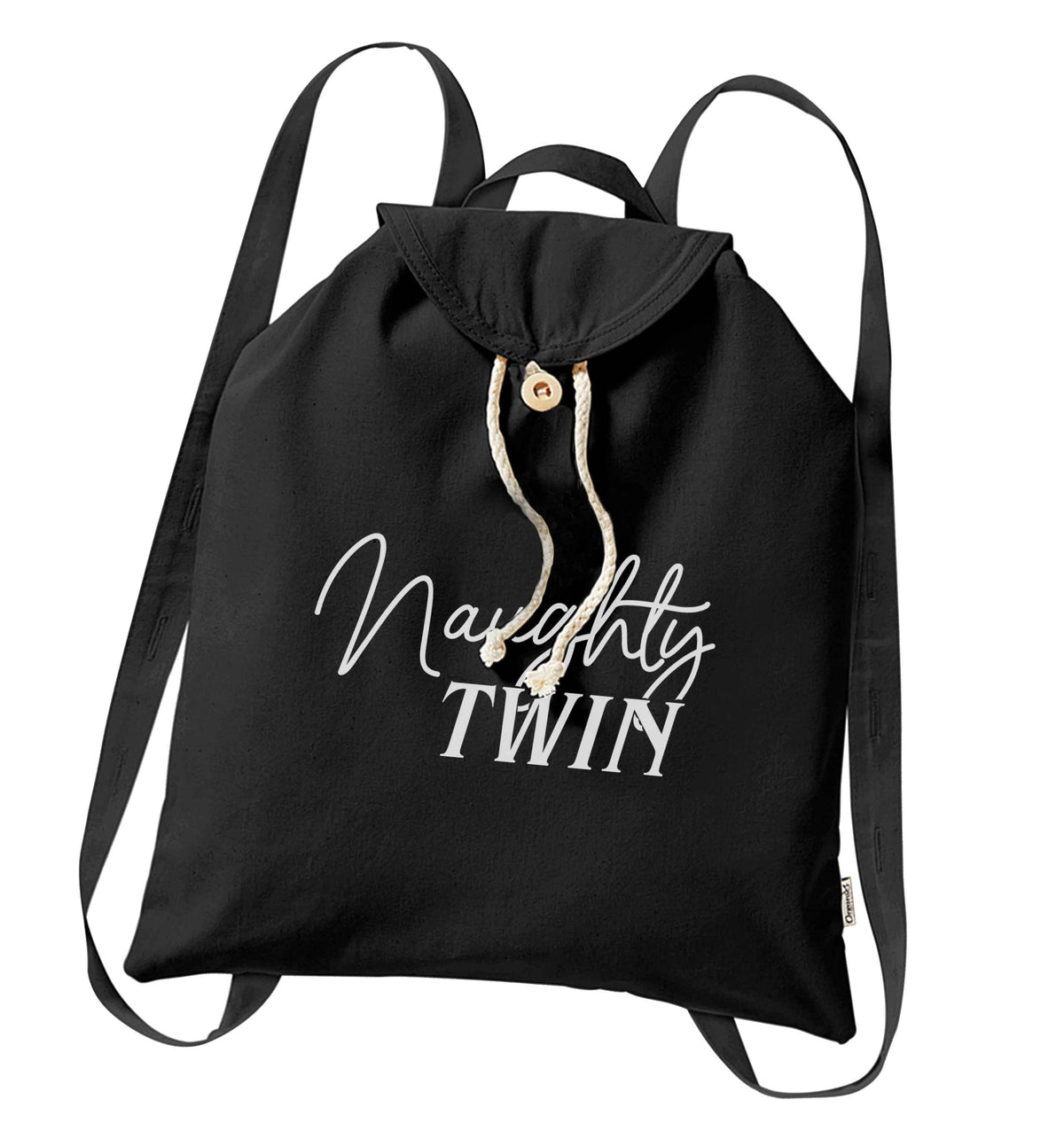 Naughty twin organic cotton backpack tote with wooden buttons in black