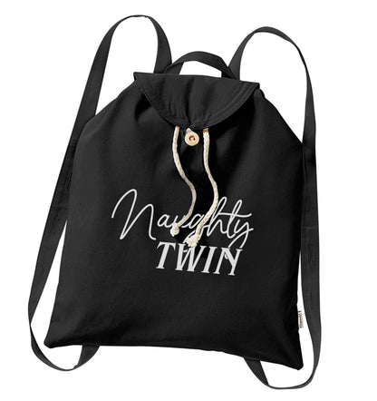 Naughty twin organic cotton backpack tote with wooden buttons in black