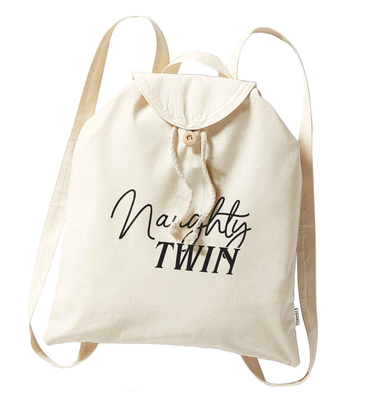 Naughty twin organic cotton backpack tote with wooden buttons in natural