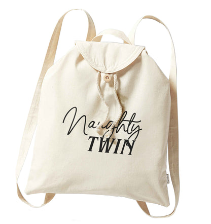 Naughty twin organic cotton backpack tote with wooden buttons in natural