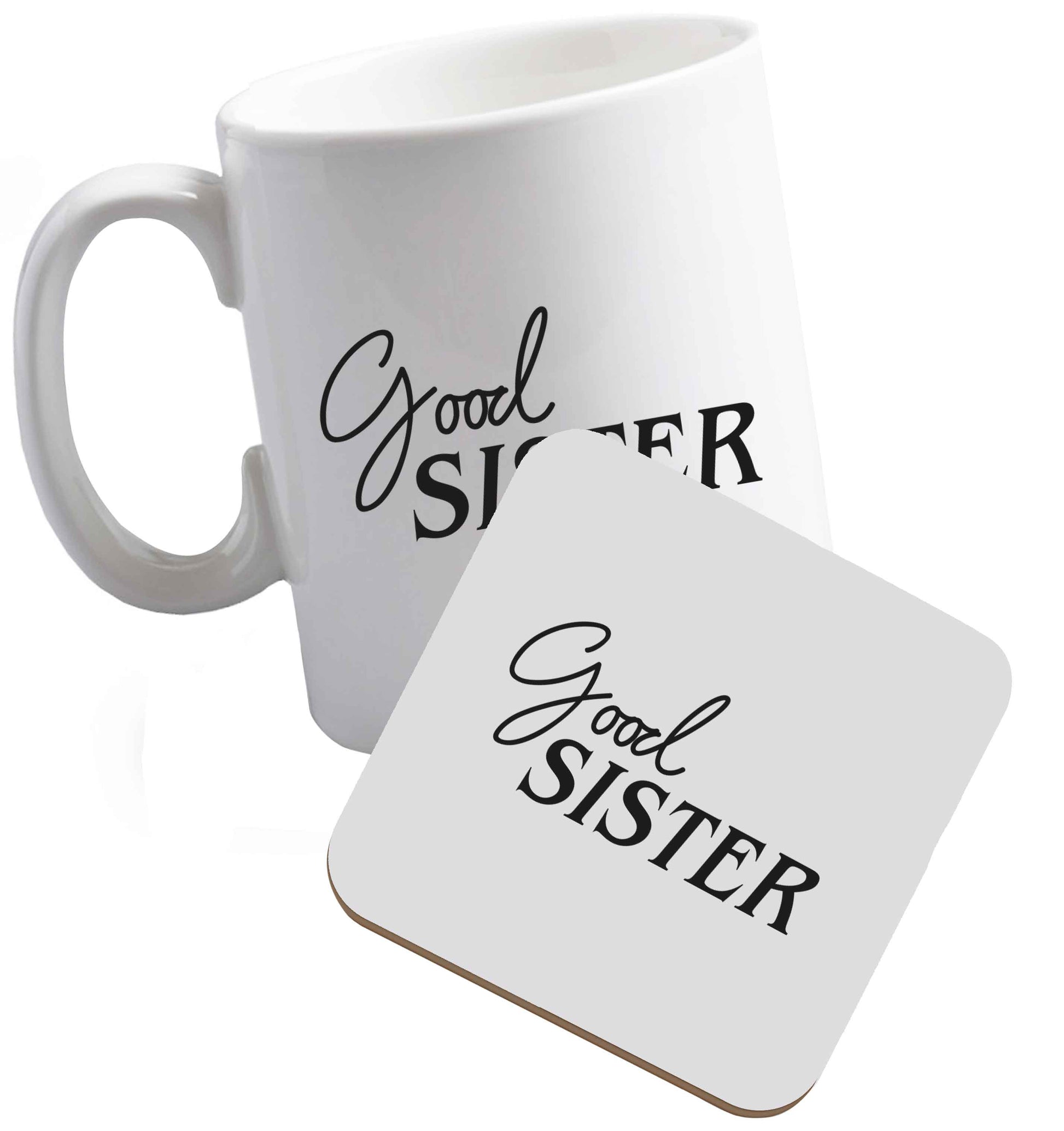 10 oz Good sister ceramic mug and coaster set right handed