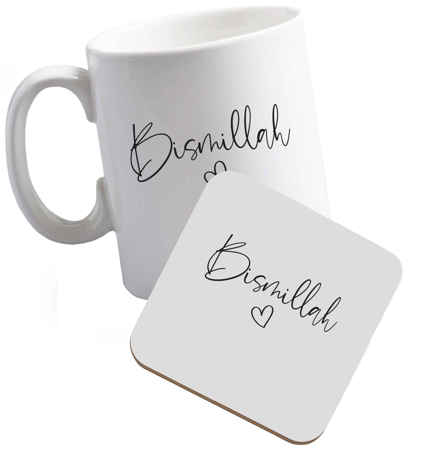 10 oz Bismillah ceramic mug and coaster set right handed
