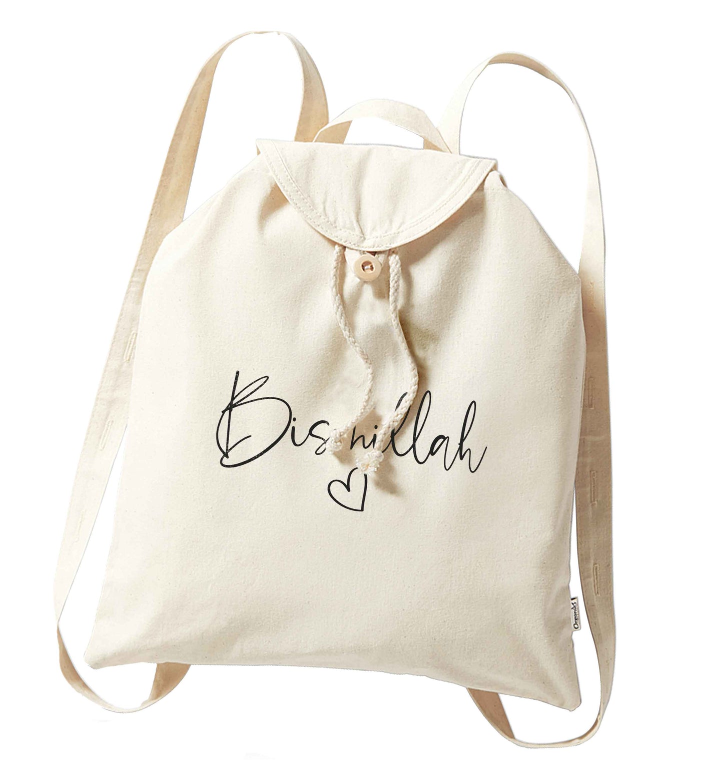 Bismillah organic cotton backpack tote with wooden buttons in natural