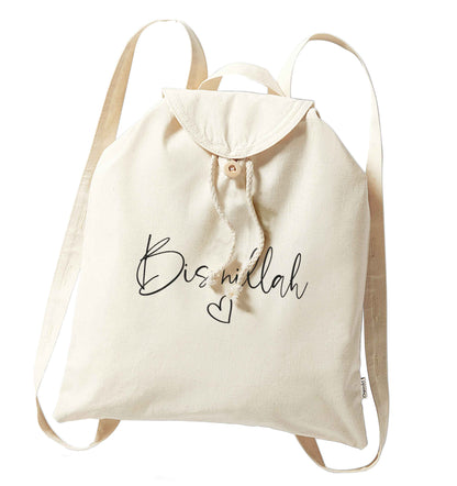 Bismillah organic cotton backpack tote with wooden buttons in natural