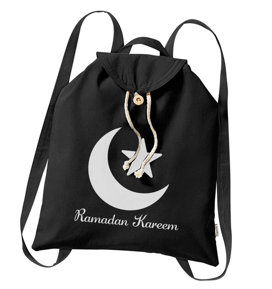Ramadan kareem organic cotton backpack tote with wooden buttons in black
