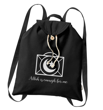 Allah is enough for me organic cotton backpack tote with wooden buttons in black