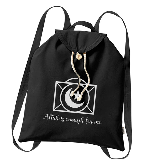 Allah is enough for me organic cotton backpack tote with wooden buttons in black