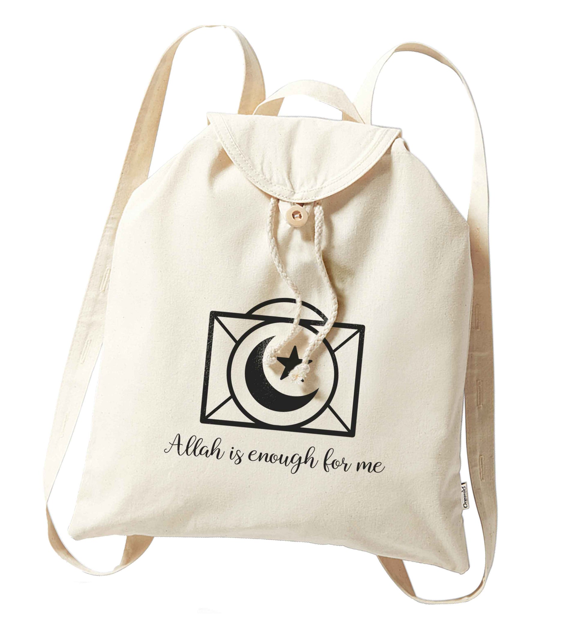 Allah is enough for me organic cotton backpack tote with wooden buttons in natural
