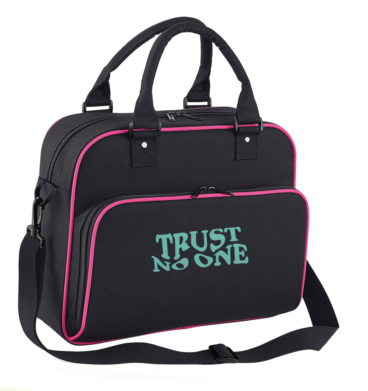 Trust no one children's dance bag black with pink detail