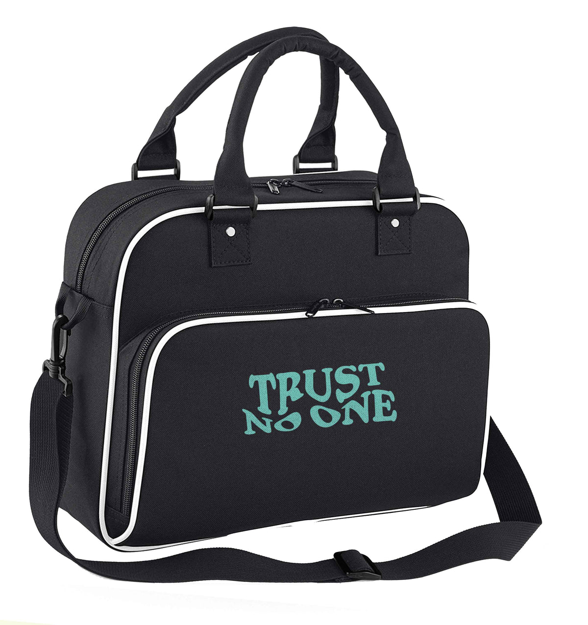 Trust no one children's dance bag black with white detail