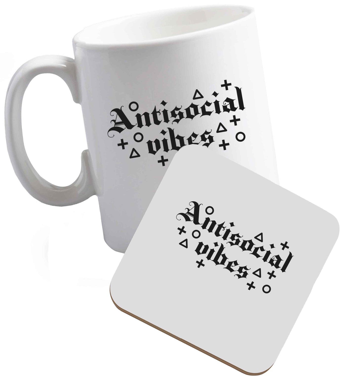 10 oz Antisocial vibes ceramic mug and coaster set right handed