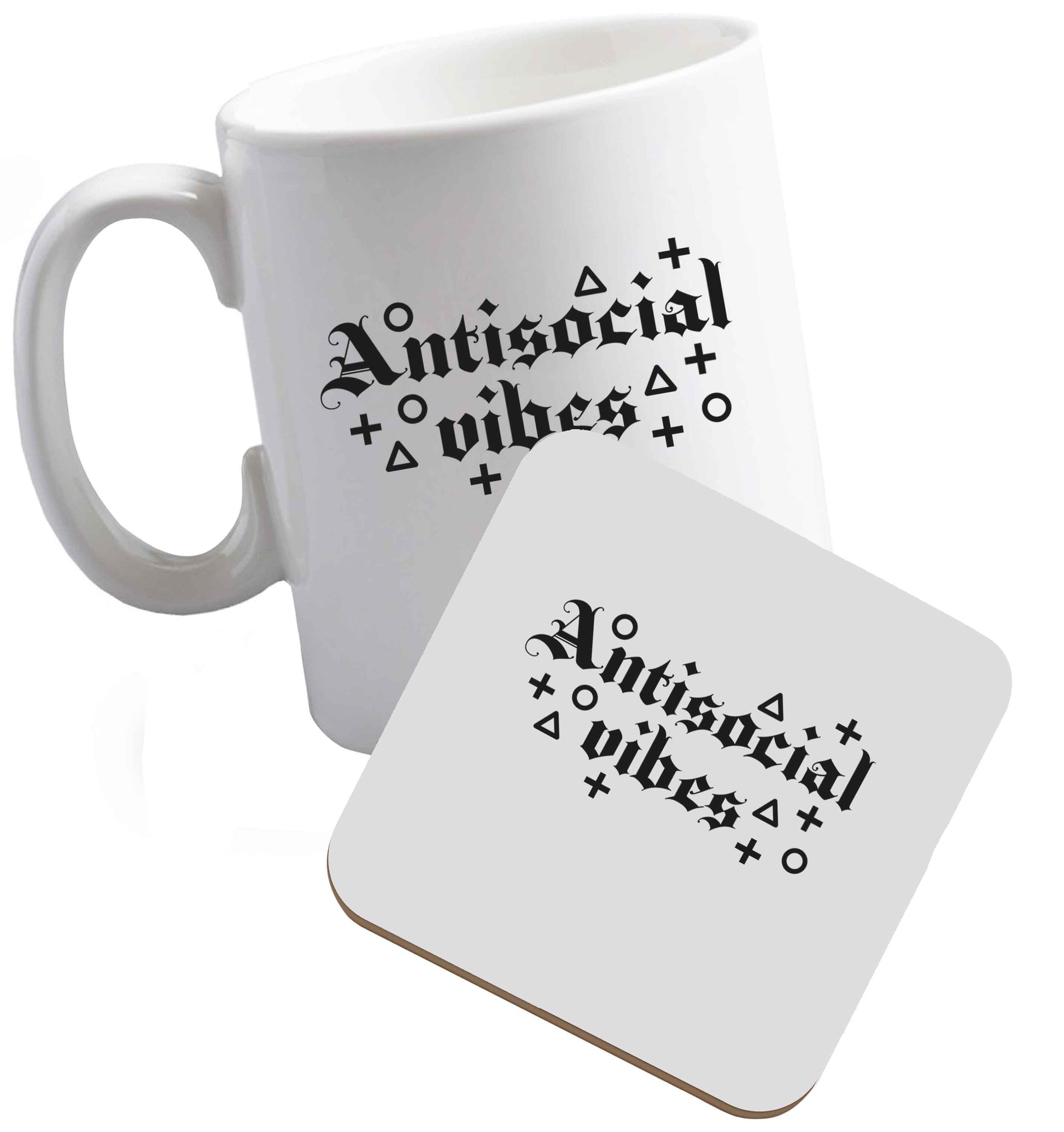 10 oz Antisocial vibes ceramic mug and coaster set right handed