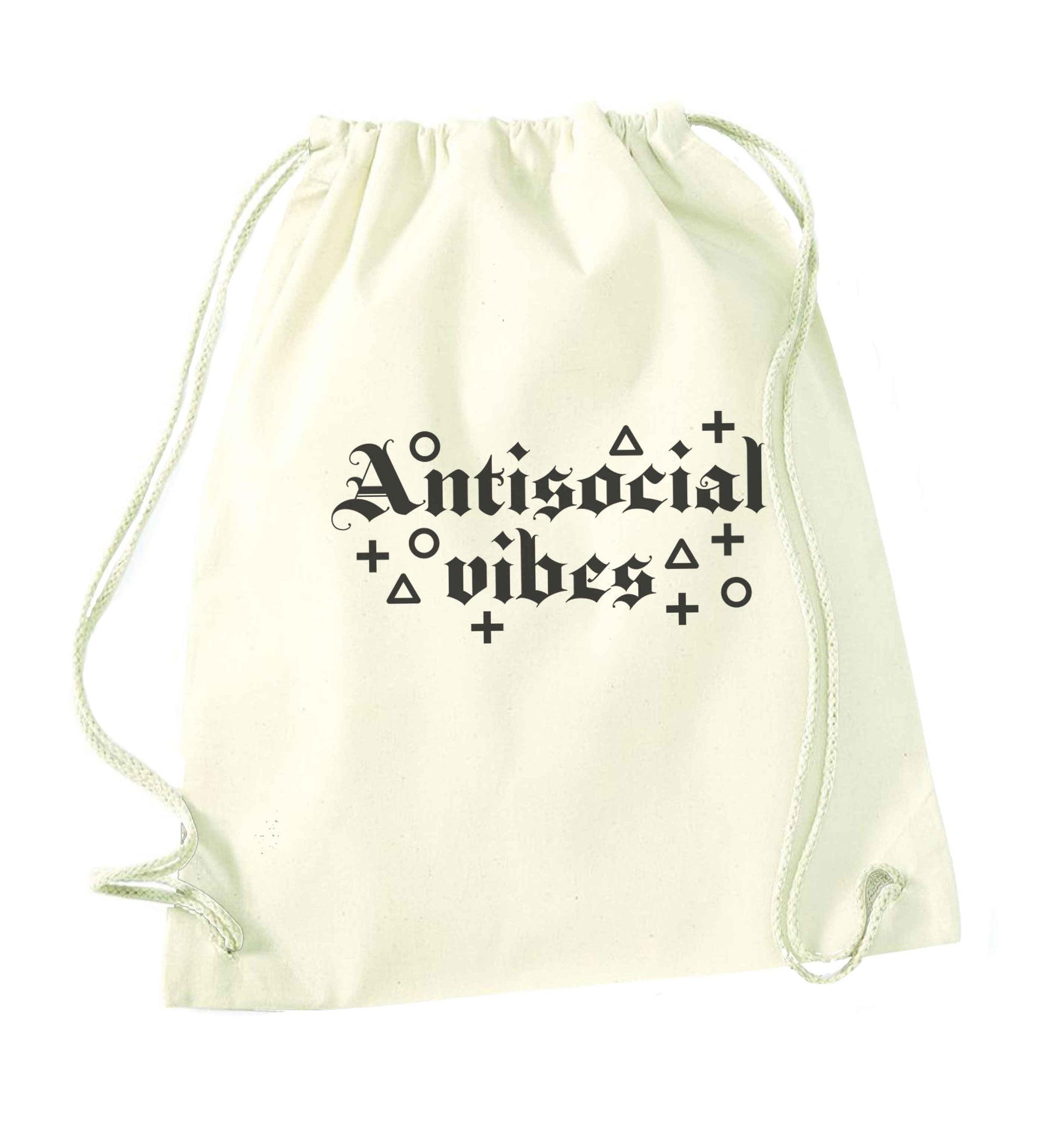 Antisocial vibes natural drawstring bag