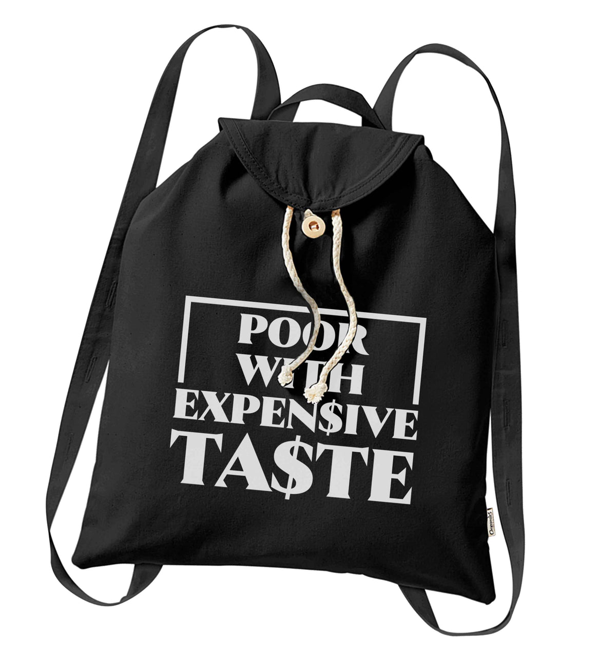 Poor with expensive taste organic cotton backpack tote with wooden buttons in black