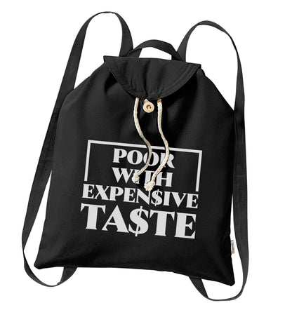 Poor with expensive taste organic cotton backpack tote with wooden buttons in black