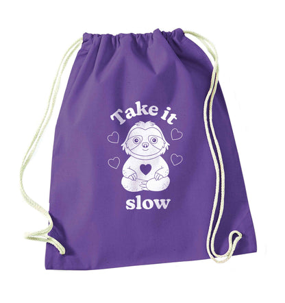Take it slow purple drawstring bag