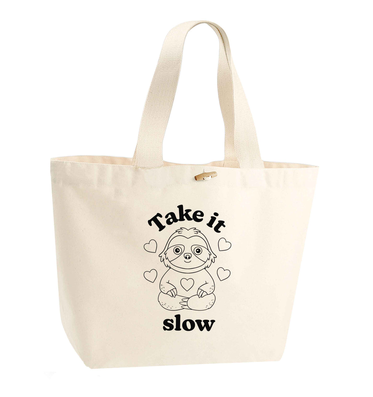 Take it slow organic cotton premium tote bag with wooden toggle in natural