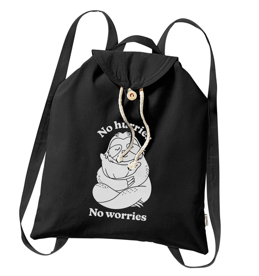 No hurries no worries organic cotton backpack tote with wooden buttons in black