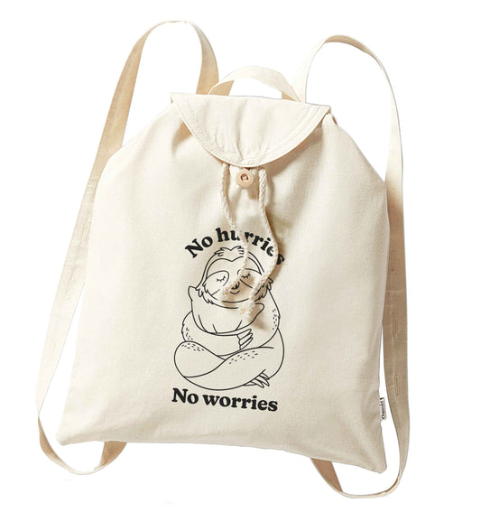 No hurries no worries organic cotton backpack tote with wooden buttons in natural