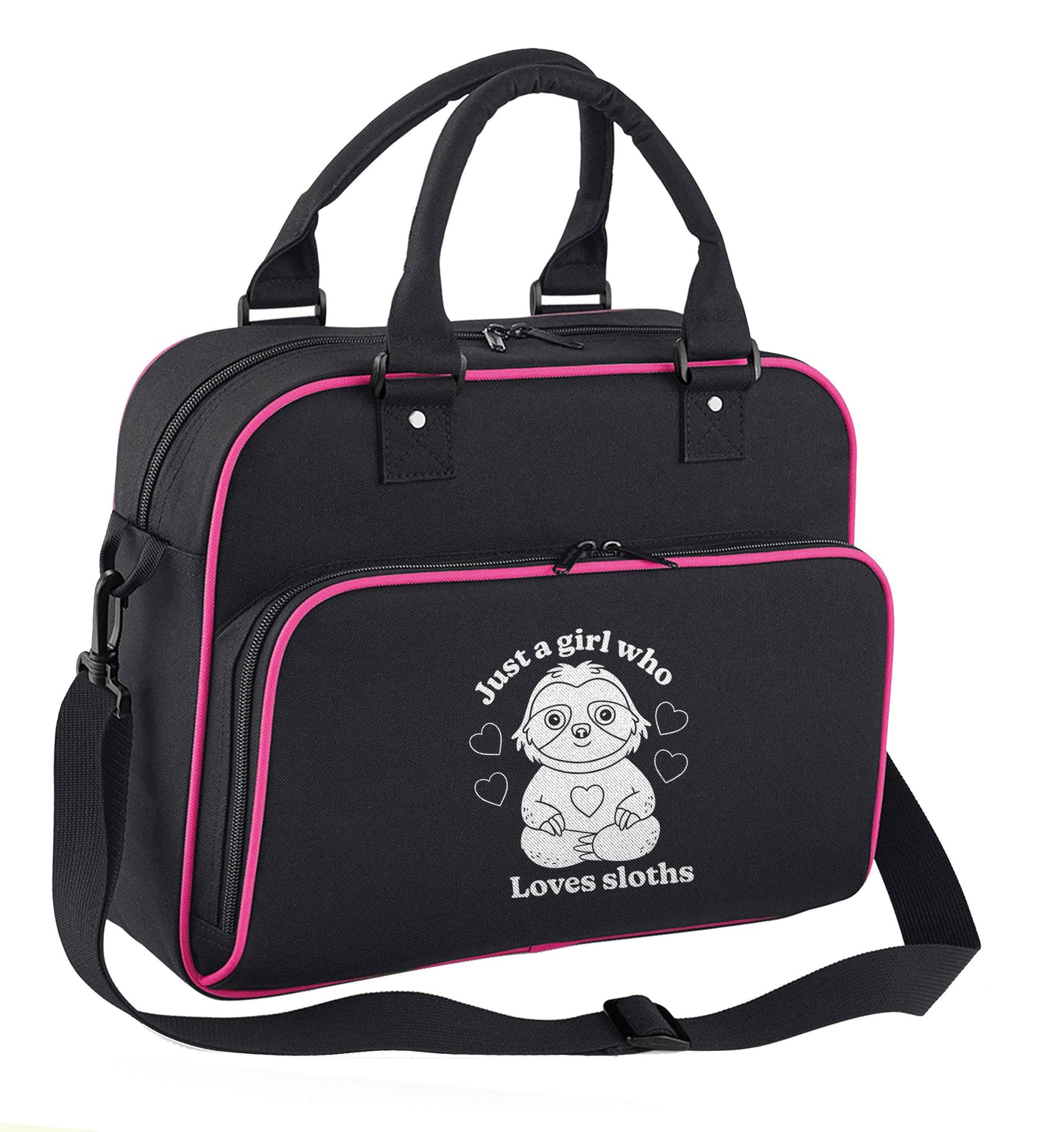 Just a girl who loves sloths children's dance bag black with pink detail