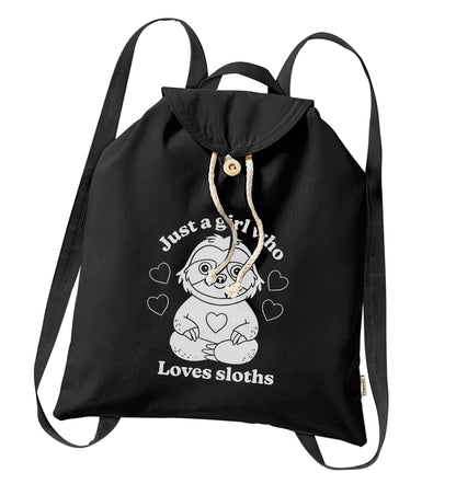 Just a girl who loves sloths organic cotton backpack tote with wooden buttons in black
