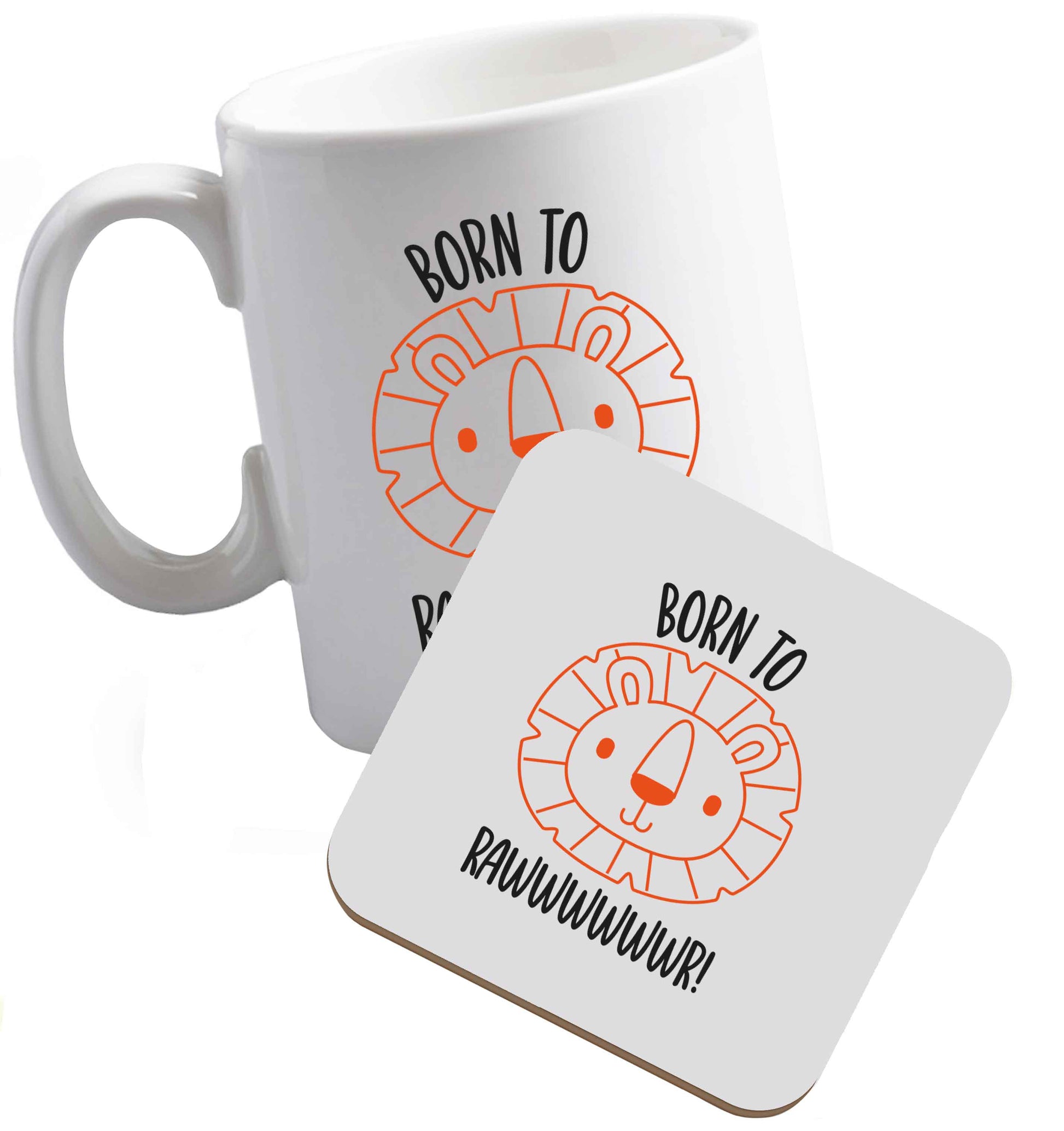 10 oz Born to rawr ceramic mug and coaster set right handed