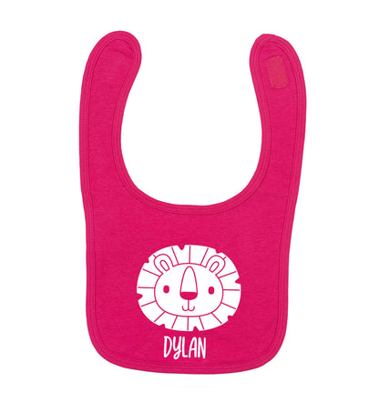 Personalised lion dark pink baby bib