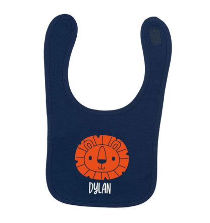 Personalised lion navy baby bib