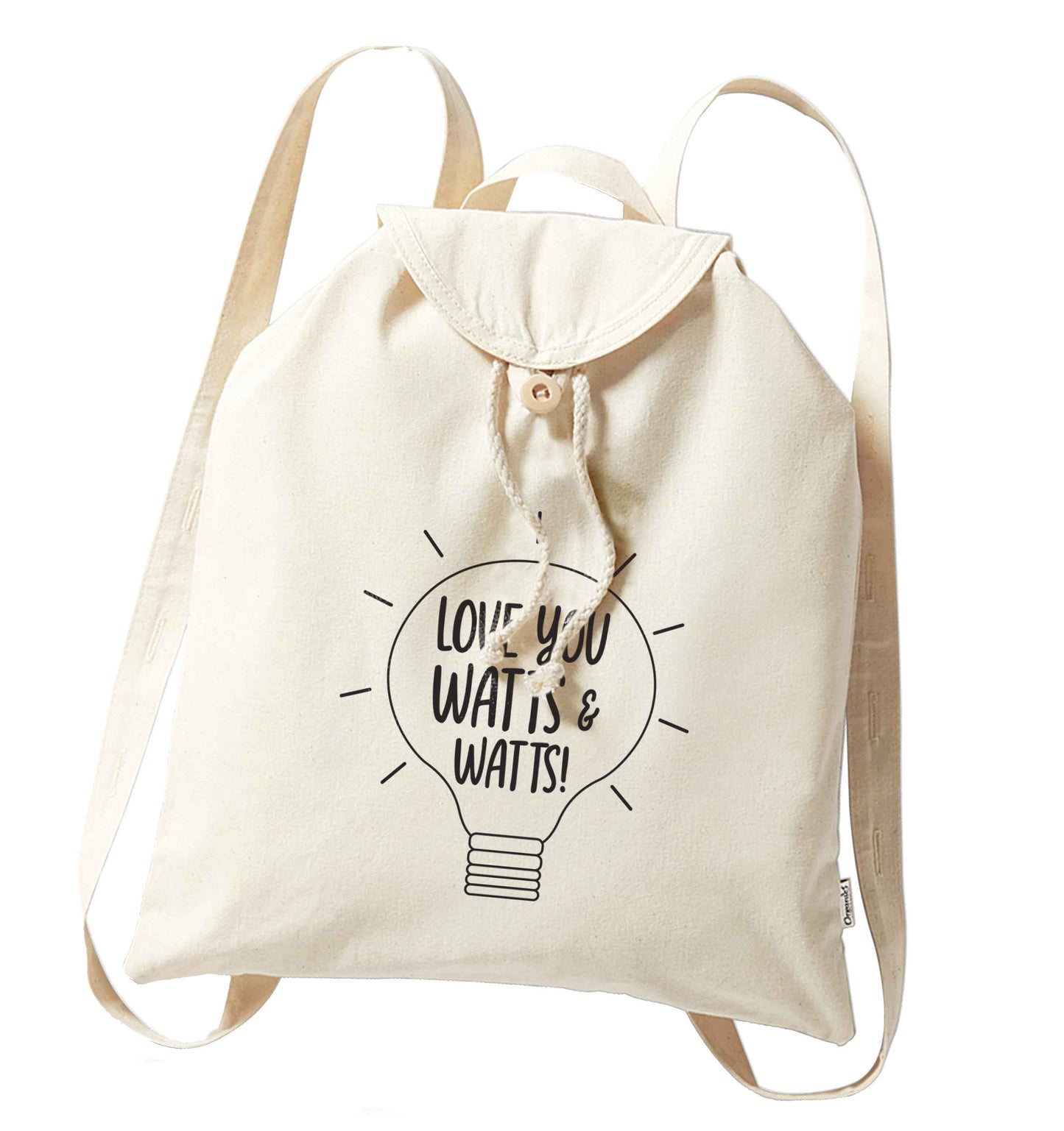 I love you watts and watts organic cotton backpack tote with wooden buttons in natural