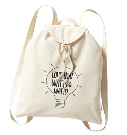 I love you watts and watts organic cotton backpack tote with wooden buttons in natural