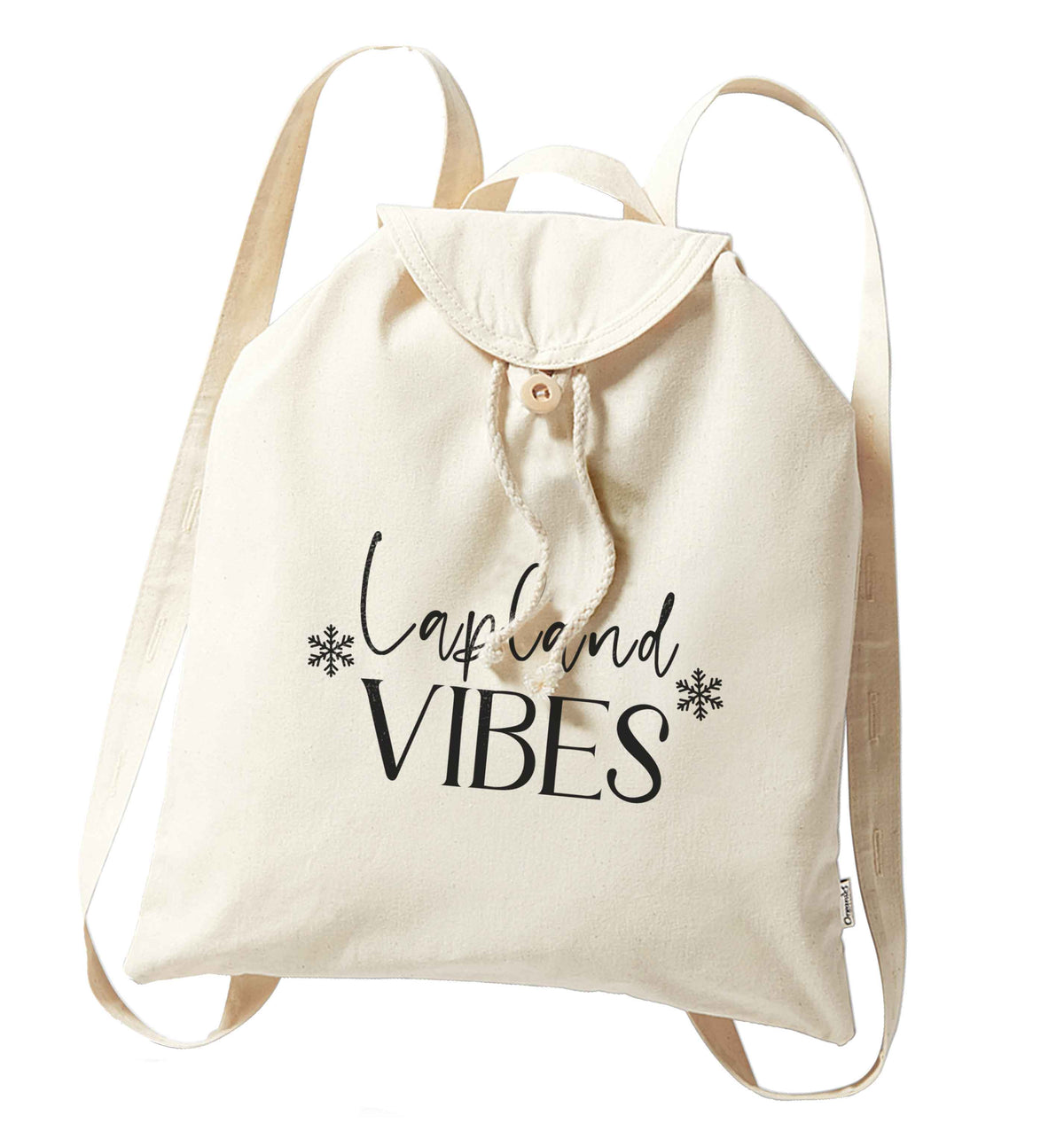 Lapland vibes organic cotton backpack tote with wooden buttons in natural
