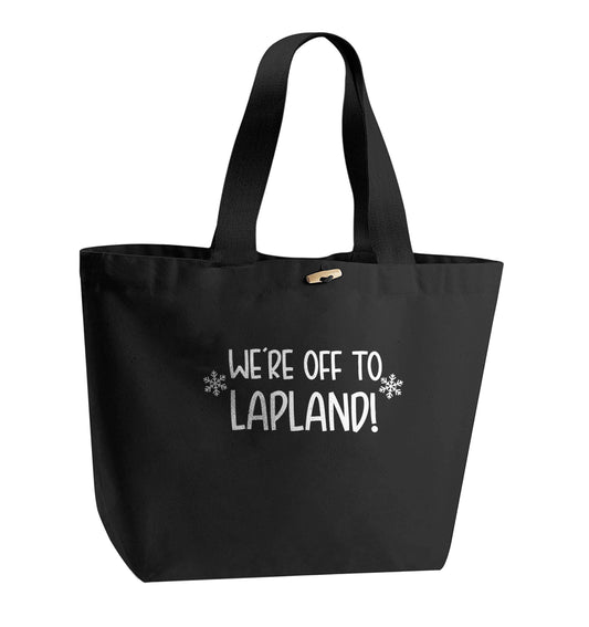 We're off to Lapland organic cotton premium tote bag with wooden toggle in black