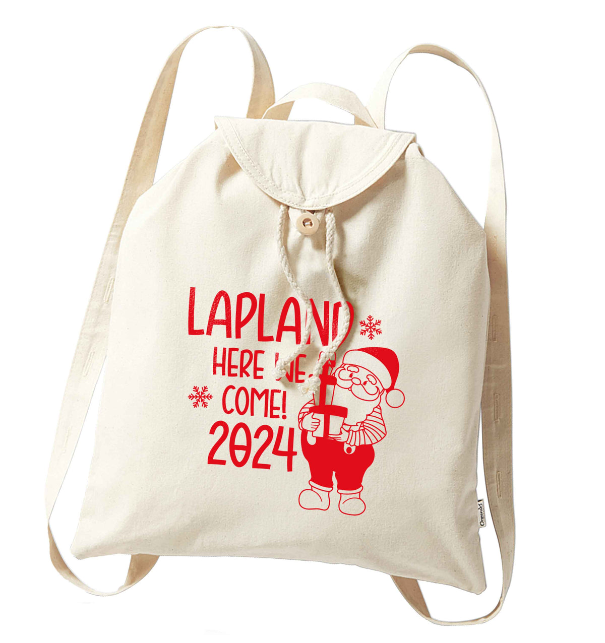 Lapland here we come organic cotton backpack tote with wooden buttons in natural