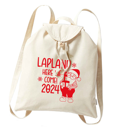 Lapland here we come organic cotton backpack tote with wooden buttons in natural
