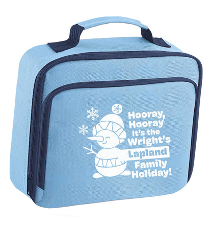 Hooray it's the personalised Lapland holiday! insulated blue lunch bag cooler