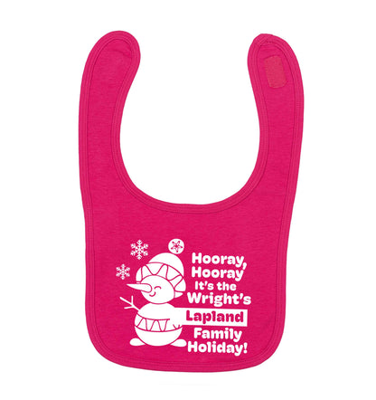 Hooray it's the personalised Lapland holiday! dark pink baby bib