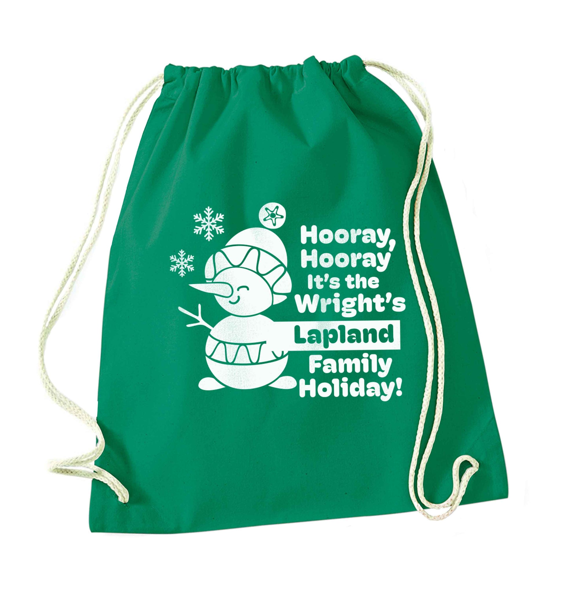Hooray it's the personalised Lapland holiday! green drawstring bag