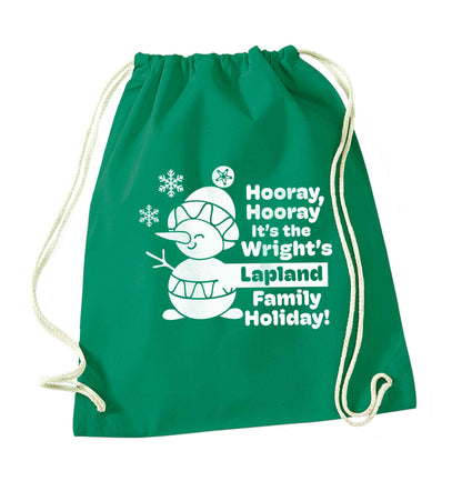 Hooray it's the personalised Lapland holiday! green drawstring bag