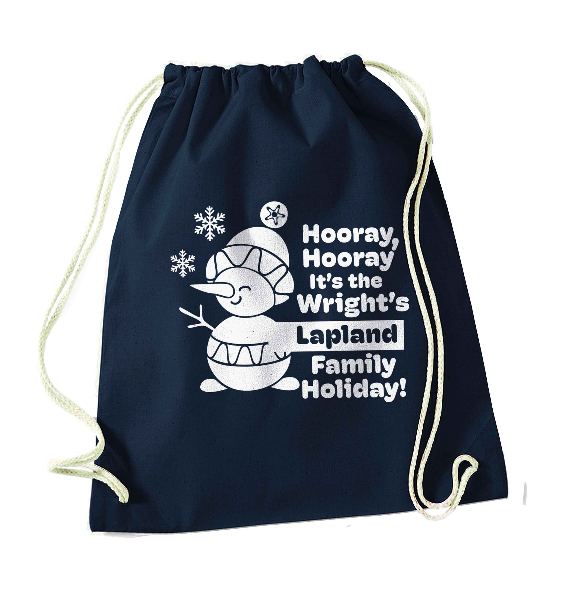 Hooray it's the personalised Lapland holiday! navy drawstring bag