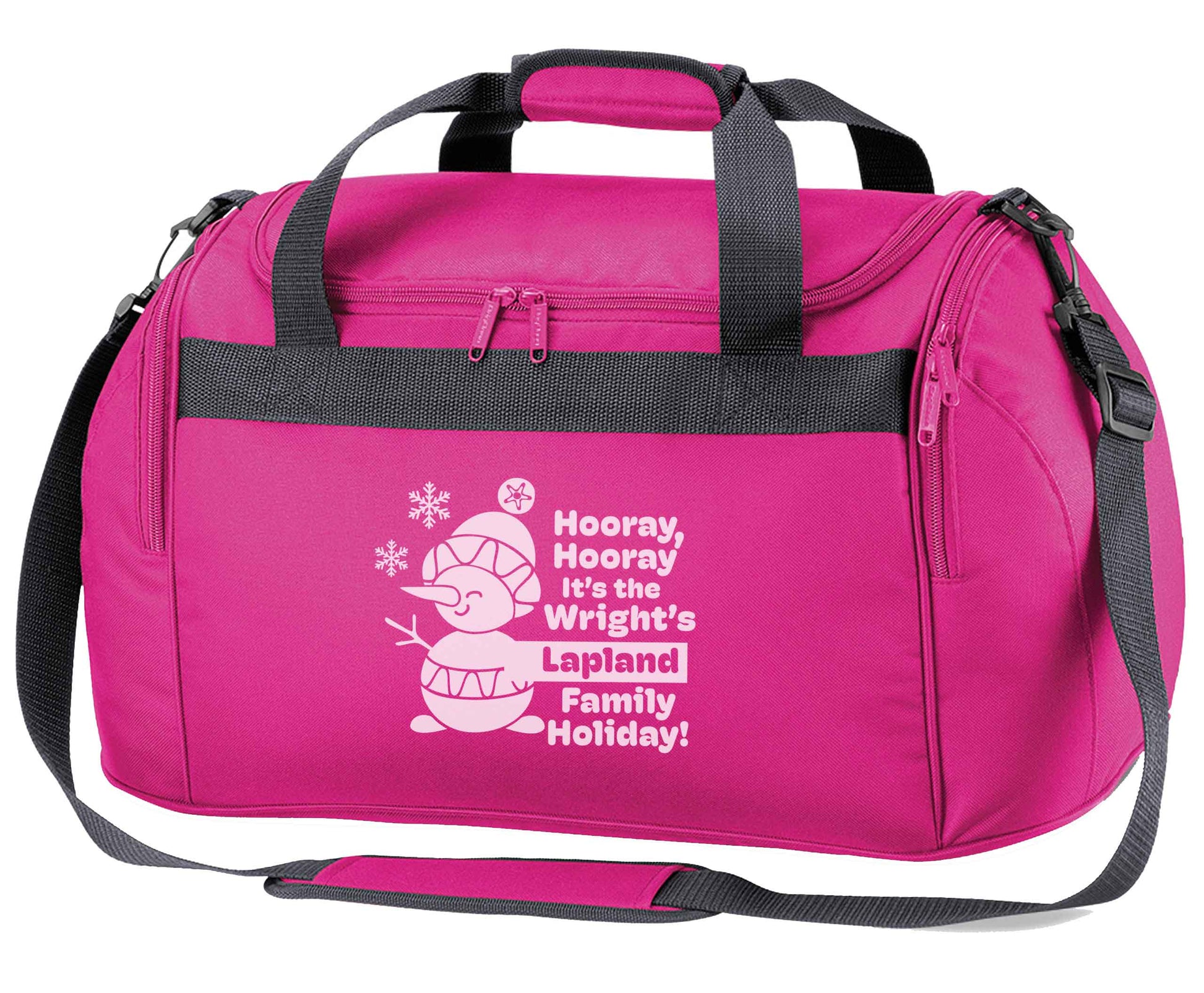 Hooray it's the personalised Lapland holiday! pink holdall / duffel bag