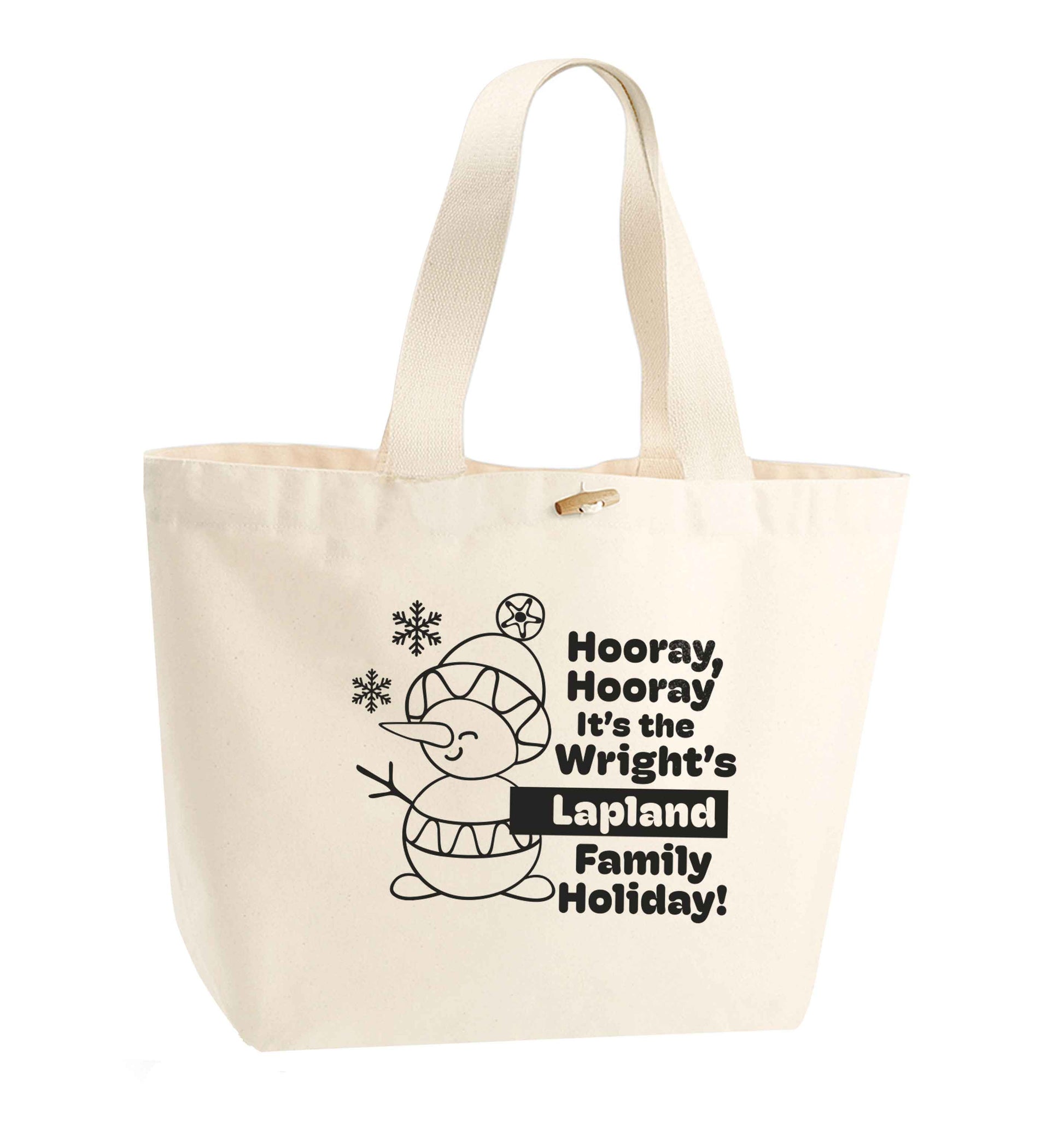 Hooray it's the personalised Lapland holiday! organic cotton premium tote bag with wooden toggle in natural