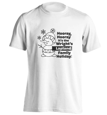 Hooray it's the personalised Lapland holiday! adults unisex white Tshirt 2XL