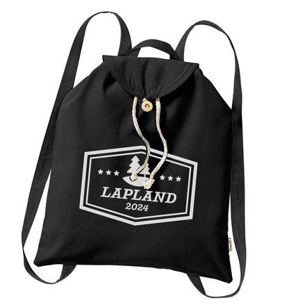 Custom date Lapland organic cotton backpack tote with wooden buttons in black