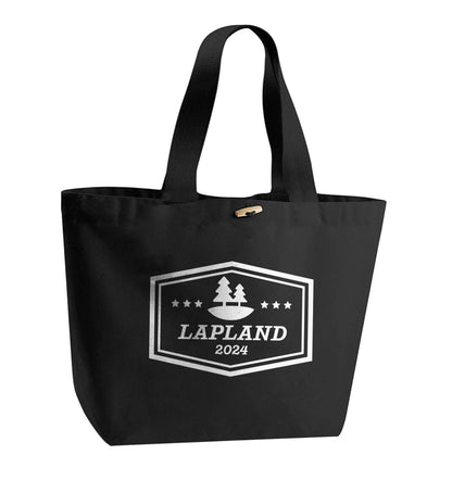 Custom date Lapland organic cotton premium tote bag with wooden toggle in black