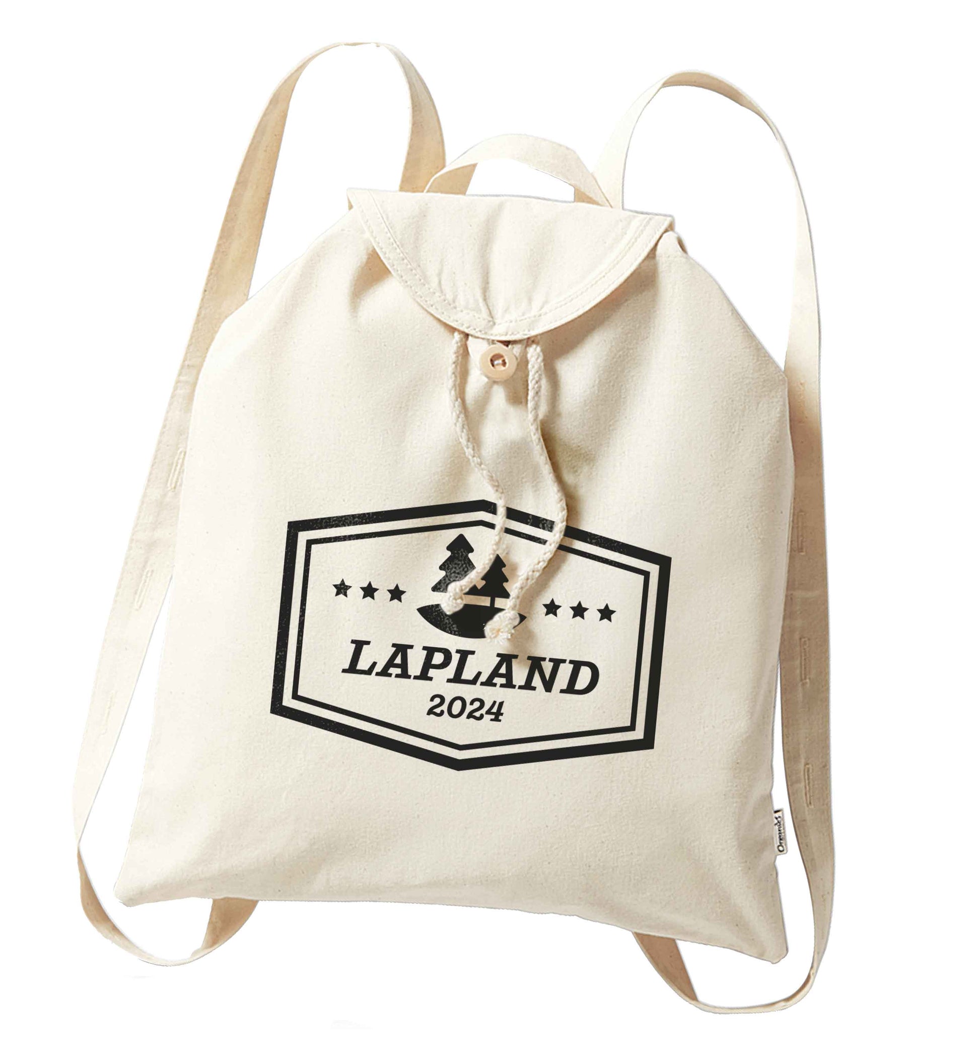 Custom date Lapland organic cotton backpack tote with wooden buttons in natural